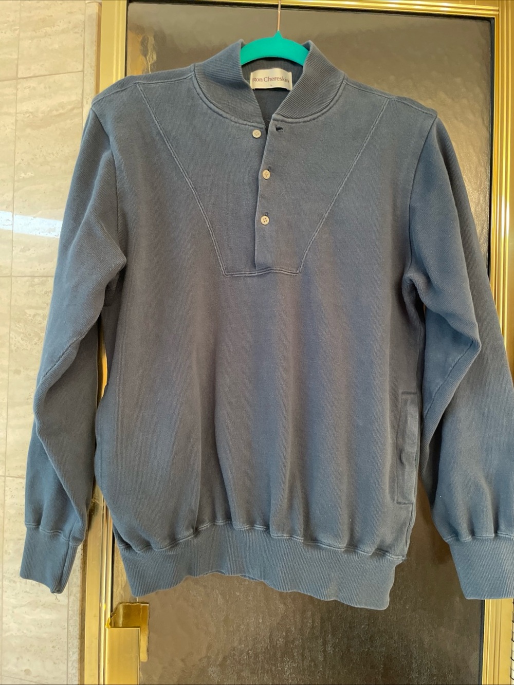 Ron Chereskin Teal Pullover Long Sleeve Sweatshirt Size Large 1/4 Button Pockets